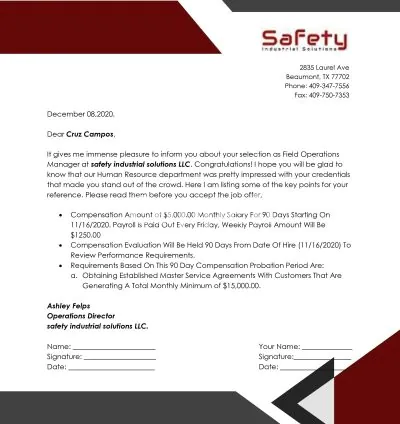 I will write job offer, termination, rejection, acceptance letters